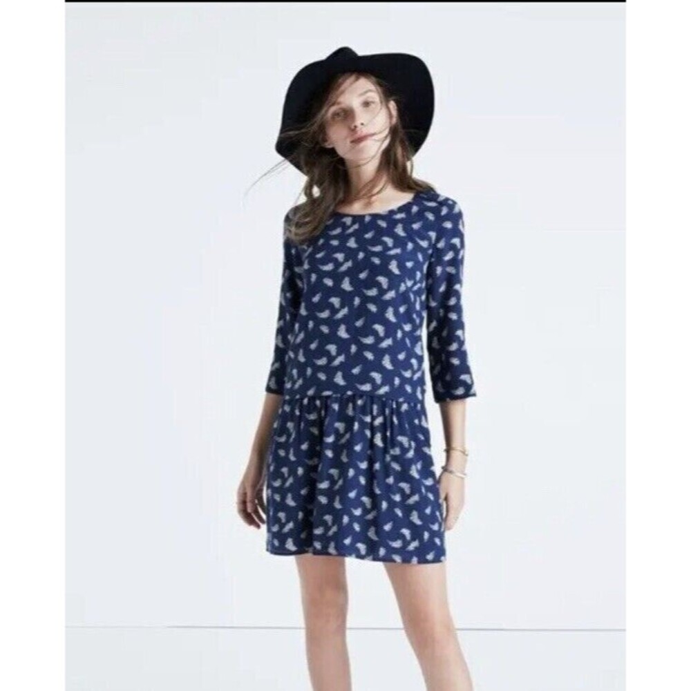 Madewell et Sézane Dress Womens 6 Silk Anna Drop-Waist Leaf Print pockets blue